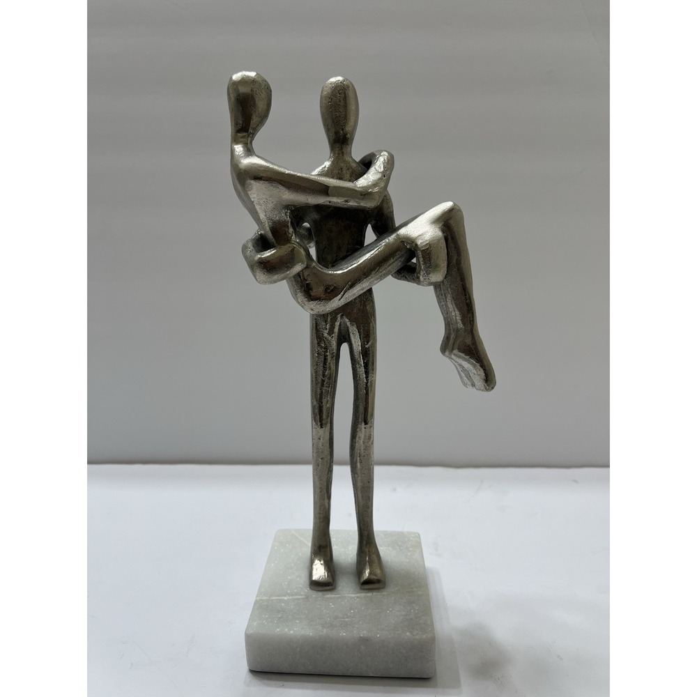 Modern Silver Toned Couple Sculpture White Marble Base 12x5" Love
